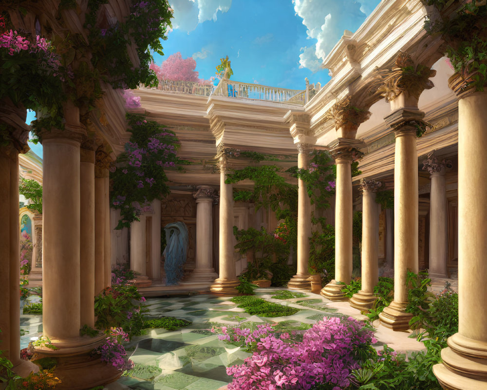 Classical courtyard with marble pillars, lush plants, statue, vibrant sky