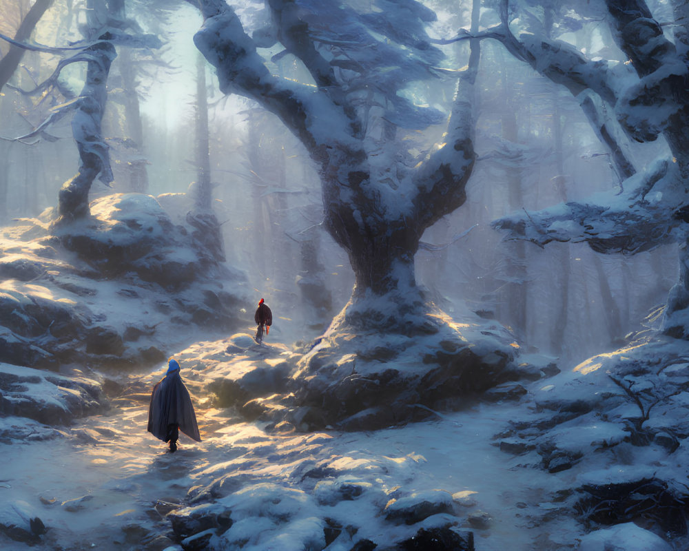 Mystical snowy forest with ancient twisted trees and cloaked figures