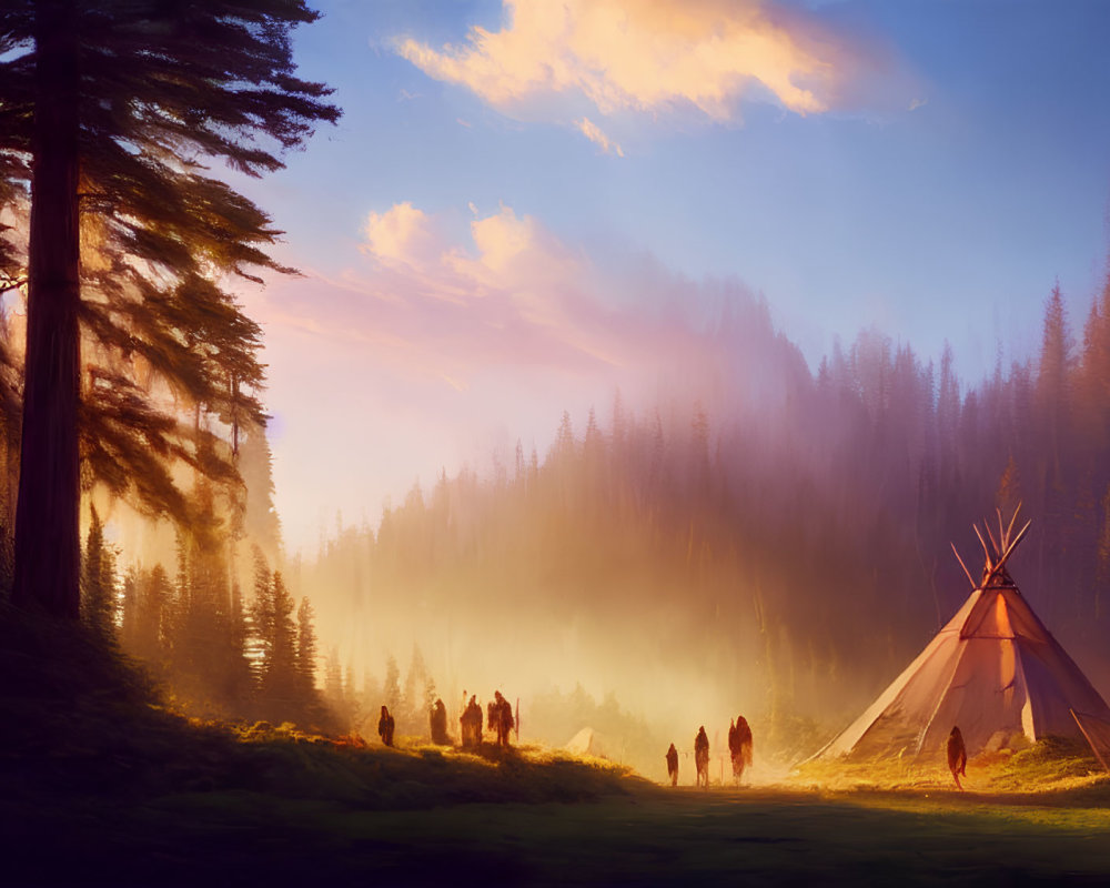 Tranquil forest sunset with teepee, campfire, and mist
