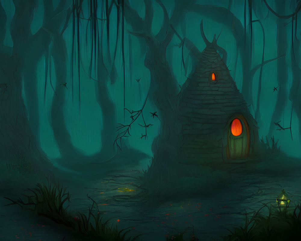 Dimly Lit Swamp with Crooked Hut, Glowing Windows, Eerie Trees