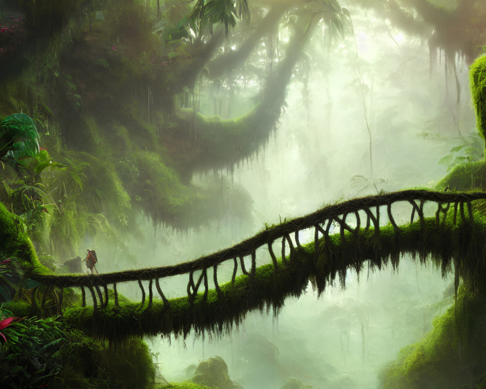 Lush Jungle Scene with Moss-Covered Natural Bridge