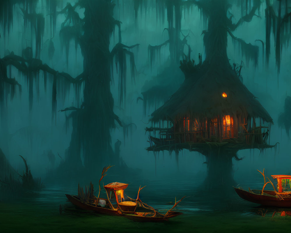 Mystical swamp at dusk with lit hut, boats, moss-covered trees & fog