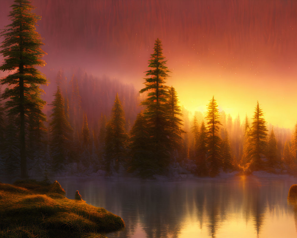 Tranquil sunset landscape with tall evergreen trees and calm lake