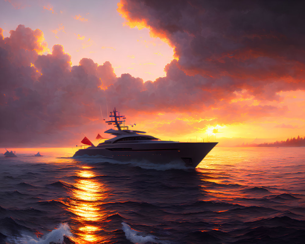 Sunset luxury yacht sailing on vivid orange ocean.