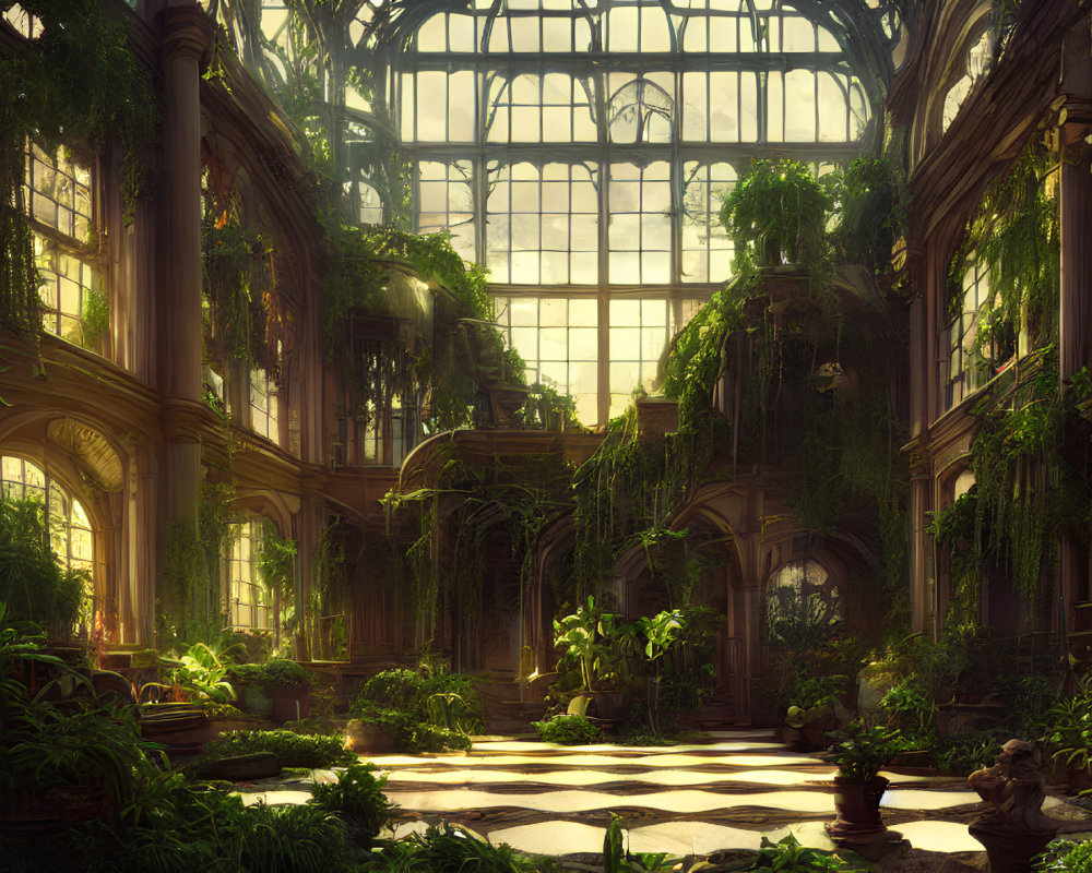 Abandoned greenhouse with lush plants and grand windows