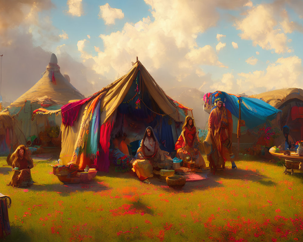 Colorful Traditional Nomadic Camp Scene with People in Daily Activities