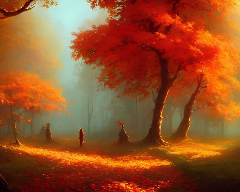 Vibrant autumn forest with orange foliage and wandering figures