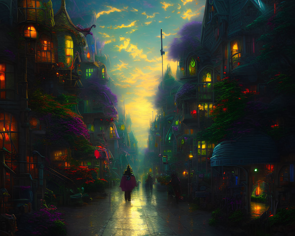 Mystical twilight cityscape with cobblestone streets and lone figure