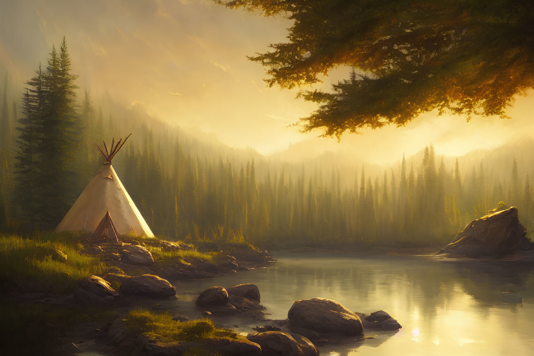 Tranquil Teepee Scene by Calm River and Forest