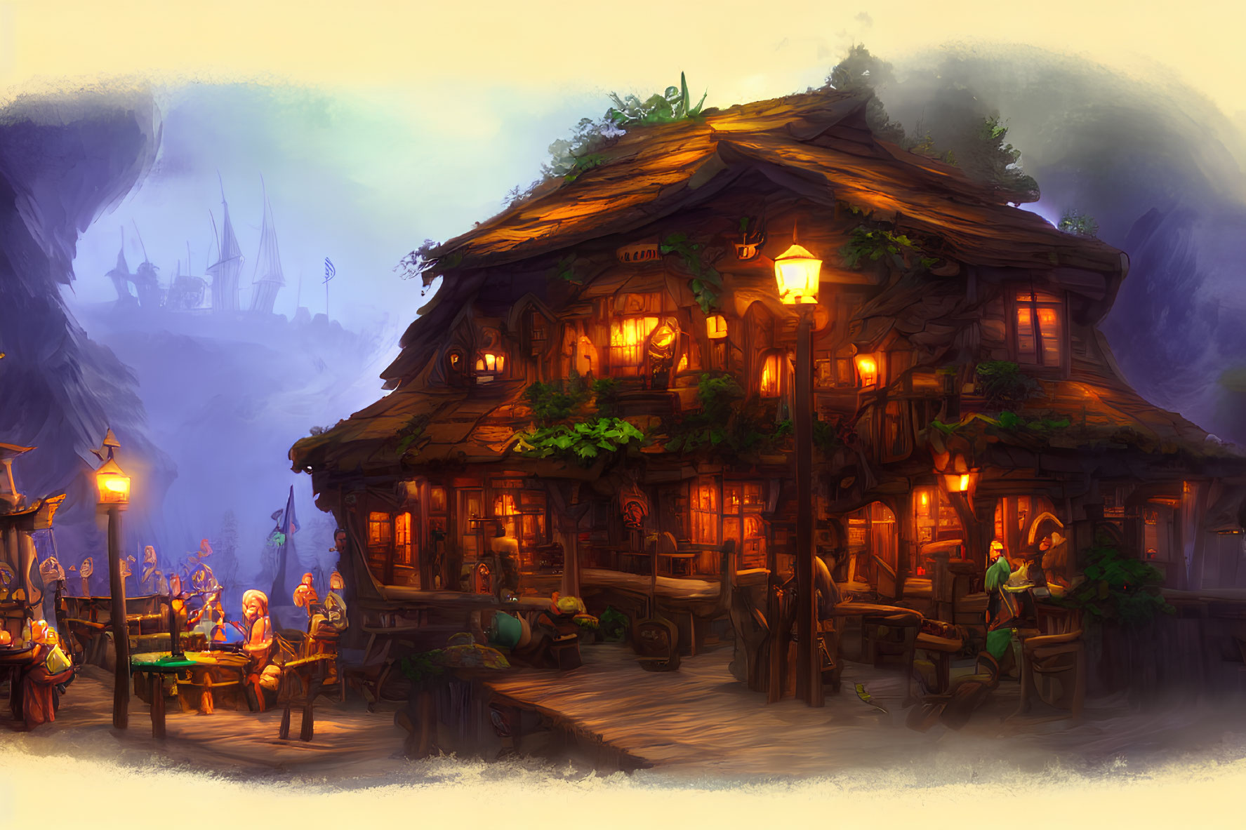 Fantasy tavern scene with patrons in misty landscape at dusk
