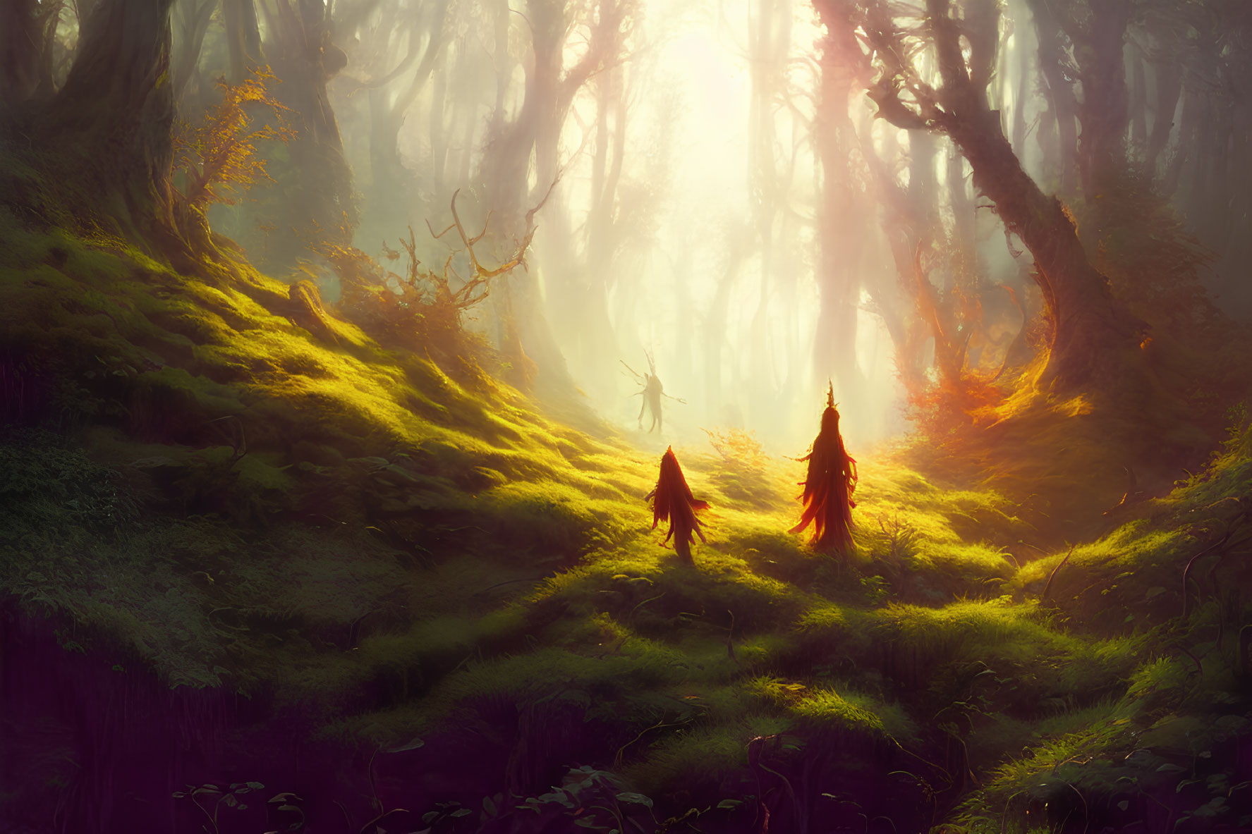 Mystical forest scene with two cloaked figures