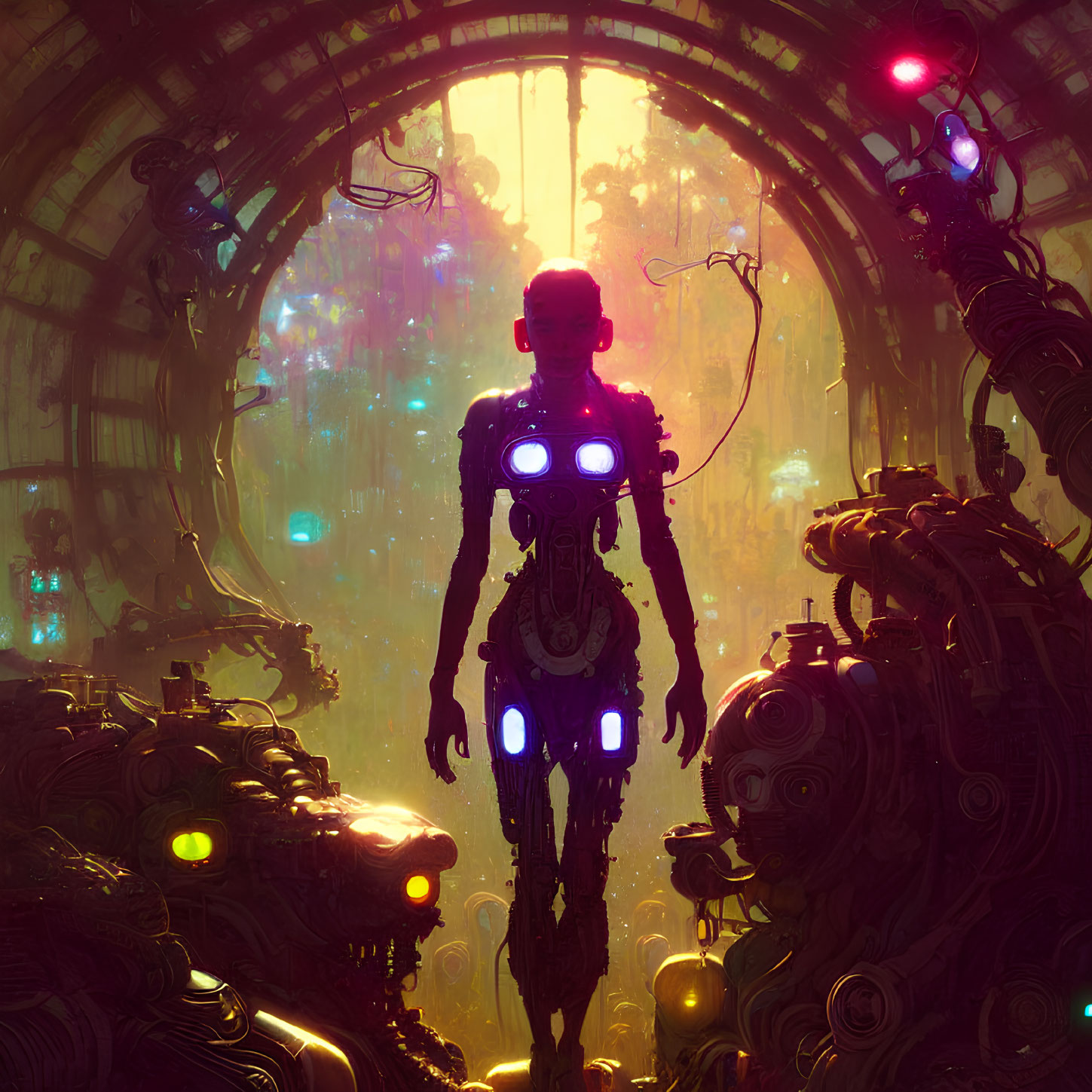 Colorful lights illuminate humanoid robot in mystical junkyard