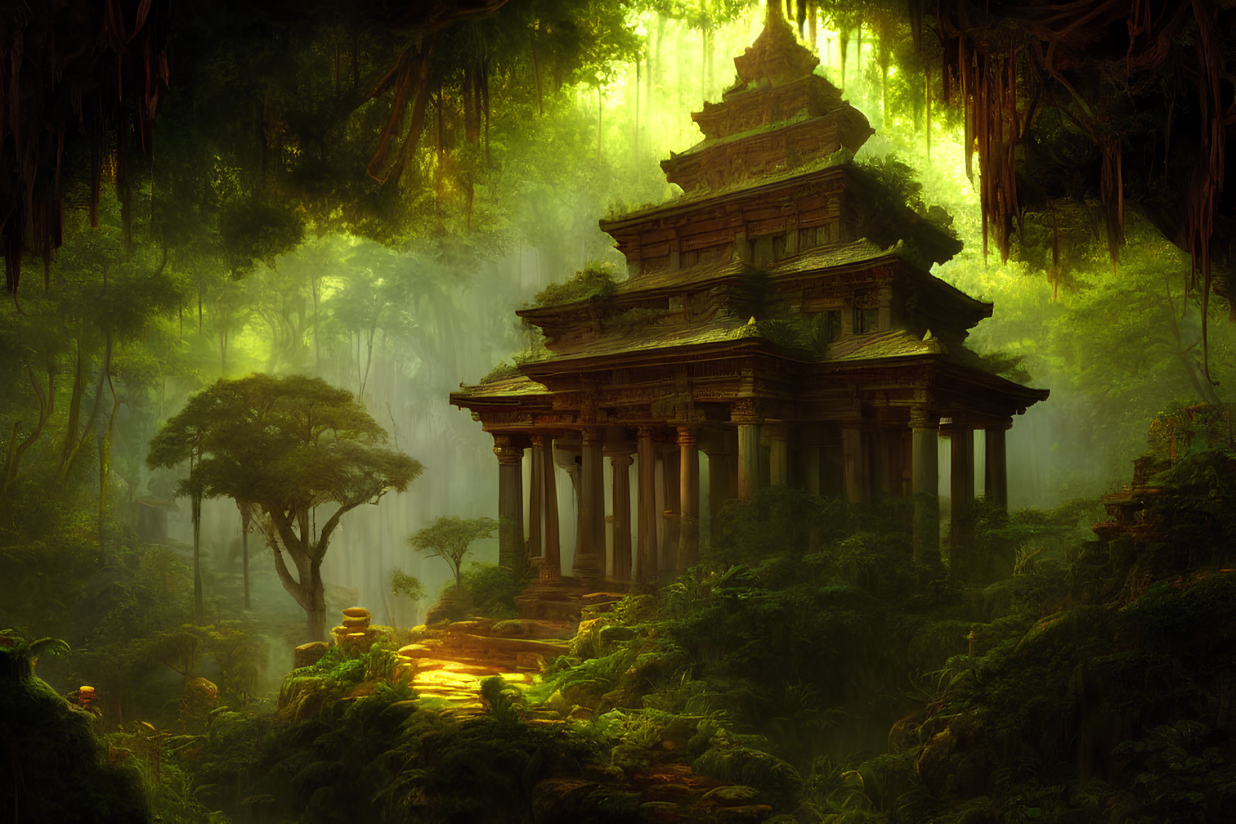 Ancient temple in lush forest with sunbeams filtering through canopy