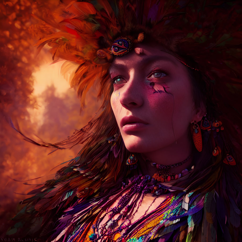 Person in Vibrant Feather Headdress and Face Paint Against Autumn Backdrop