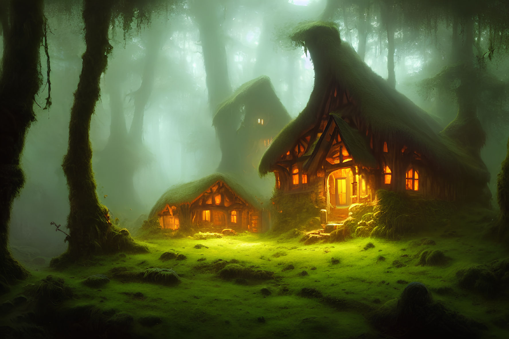 Moss-Covered Enchanted Forest with Fairy Tale Cottages