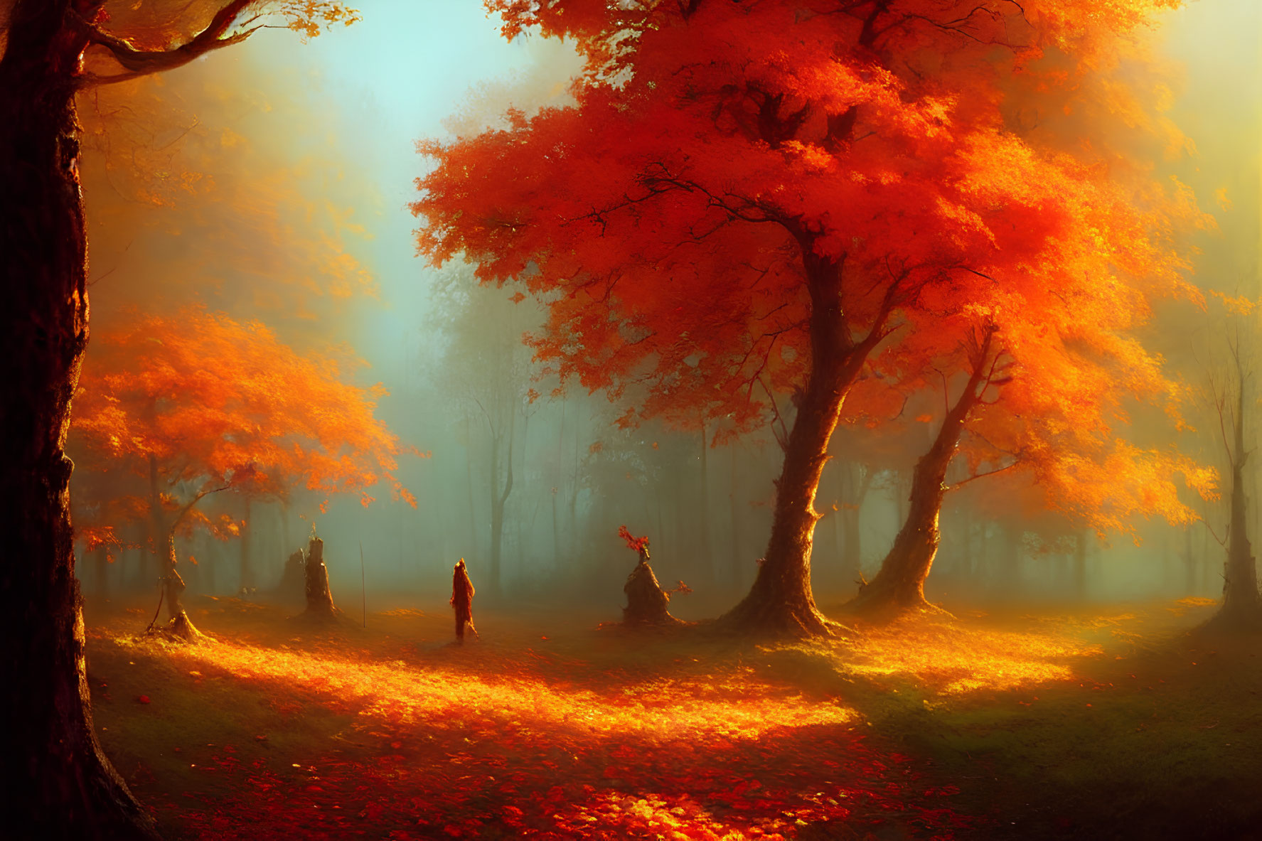 Vibrant autumn forest with orange foliage and wandering figures