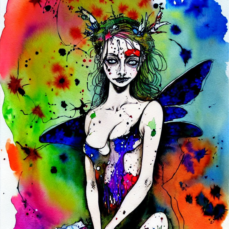 Colorful watercolor fairy illustration with delicate wings and floral details.