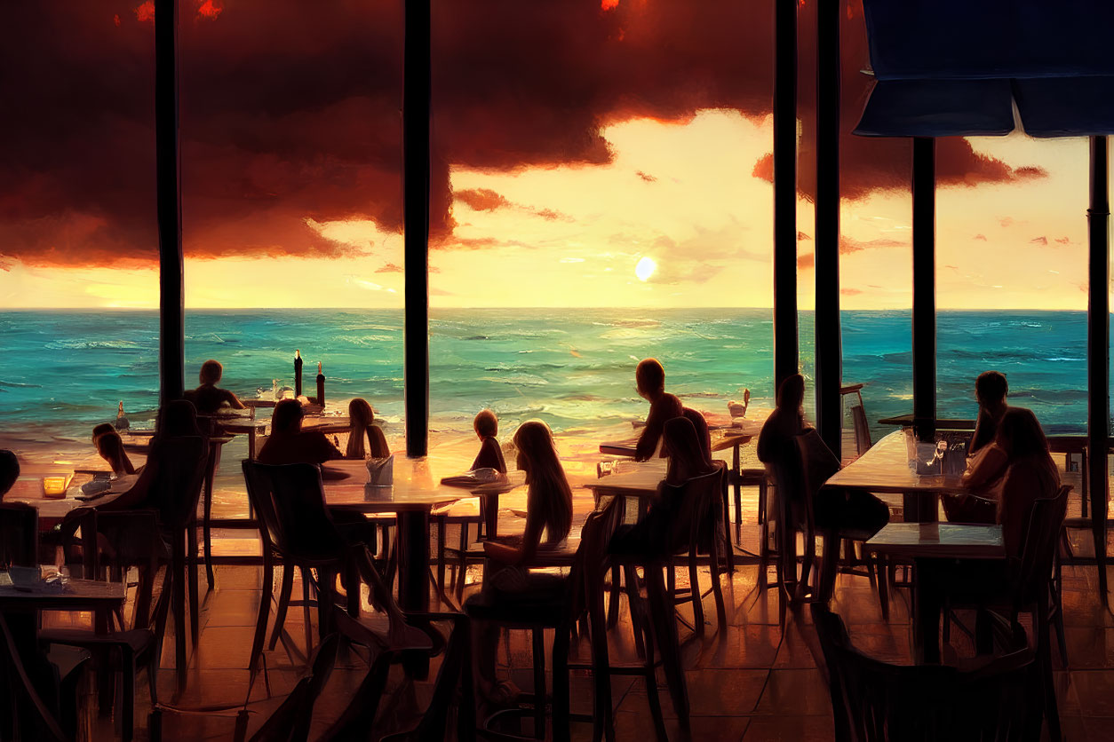 Beachfront sunset dining scene with warm amber glow