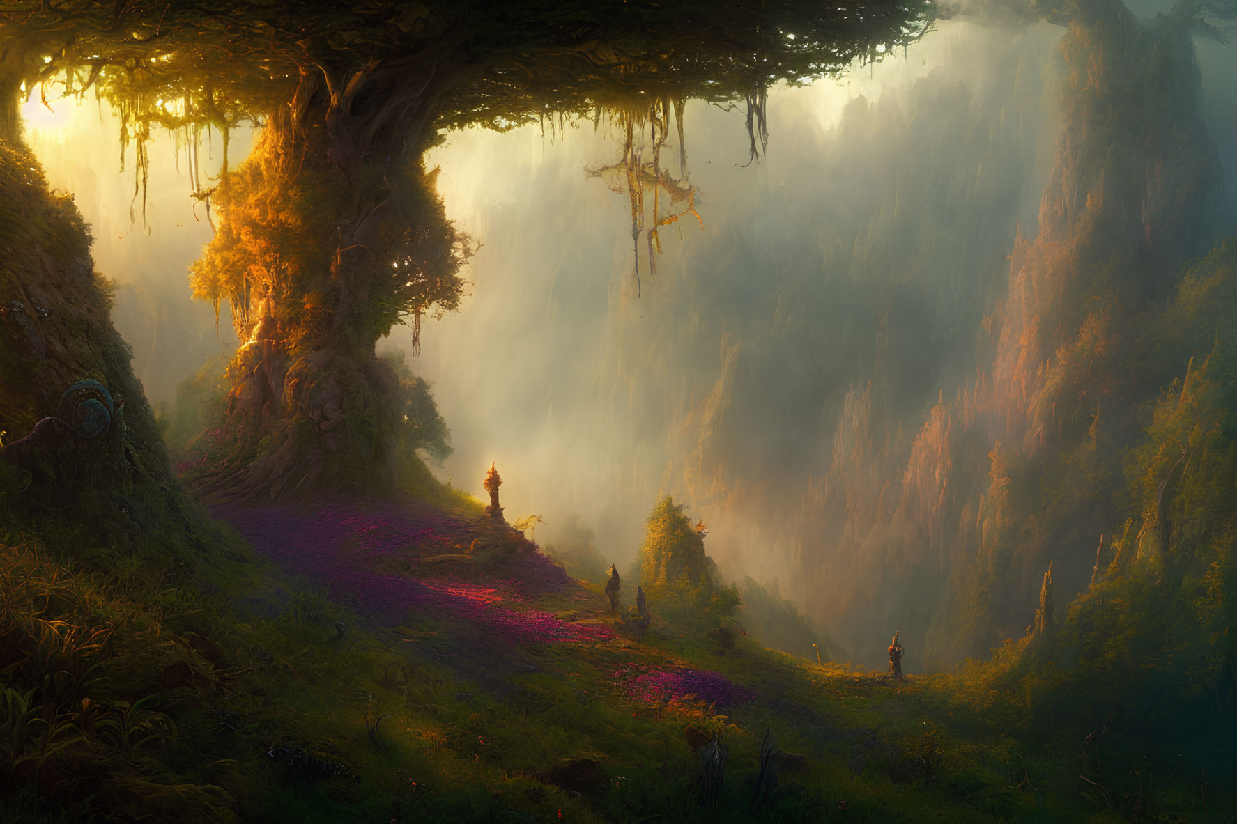 Sunlit Path Through Mystical Forest with Travelers, Towering Trees, and Purple Flowers