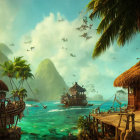 Scenic tropical island village with thatched huts and palm trees