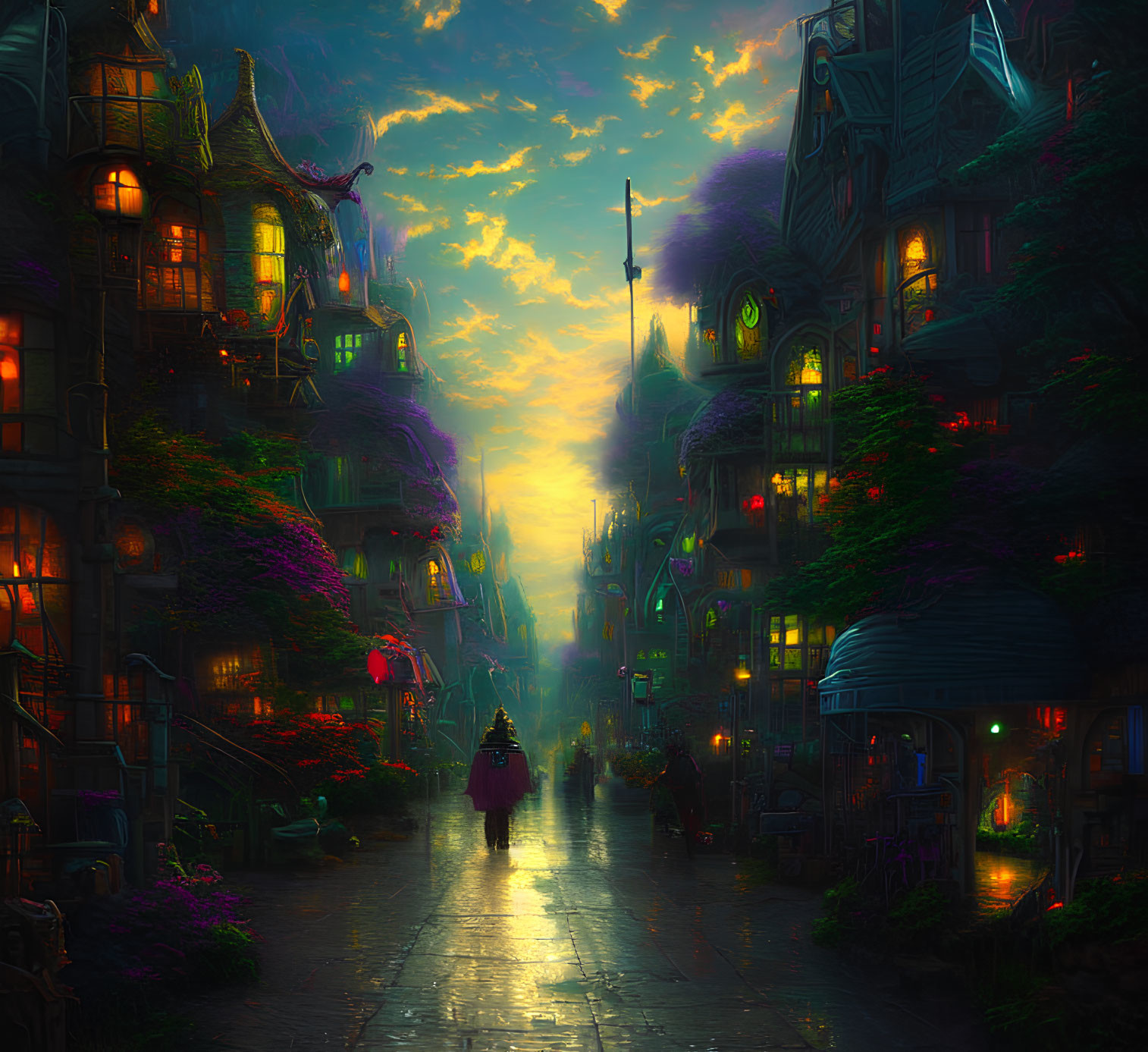 Mystical twilight cityscape with cobblestone streets and lone figure