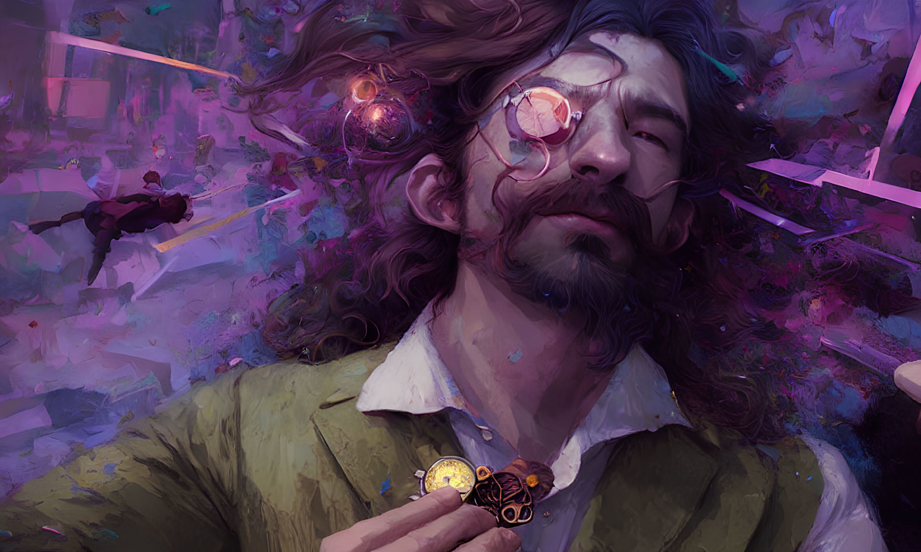 Whimsical digital painting of man with flowing hair, cosmic glasses, vibrant background