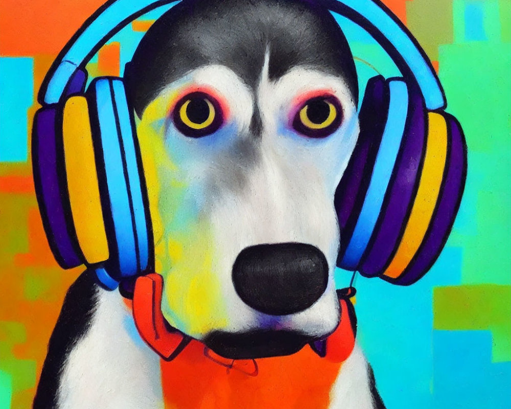 Vibrant street art: dog in headphones on colorful abstract backdrop