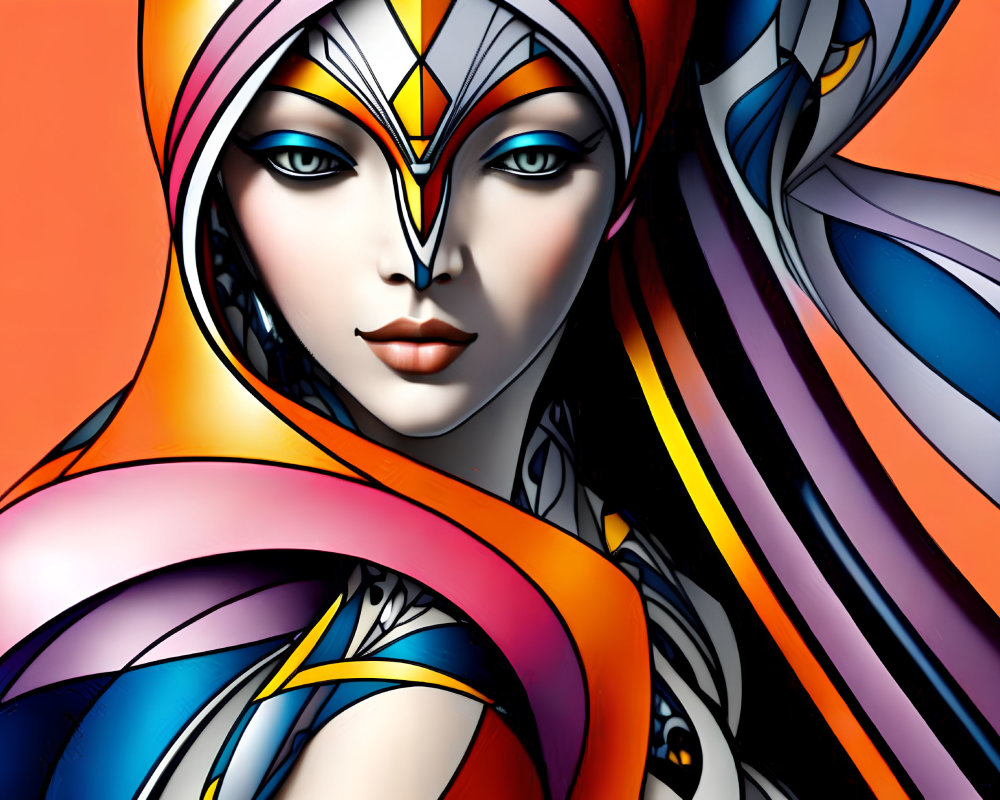 Colorful digital artwork of woman with stylized makeup and flowing headscarf