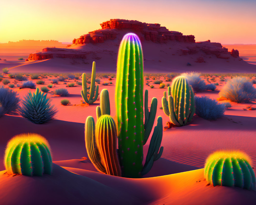 Colorful Desert Sunset with Saguaro Cactus and Rock Formations
