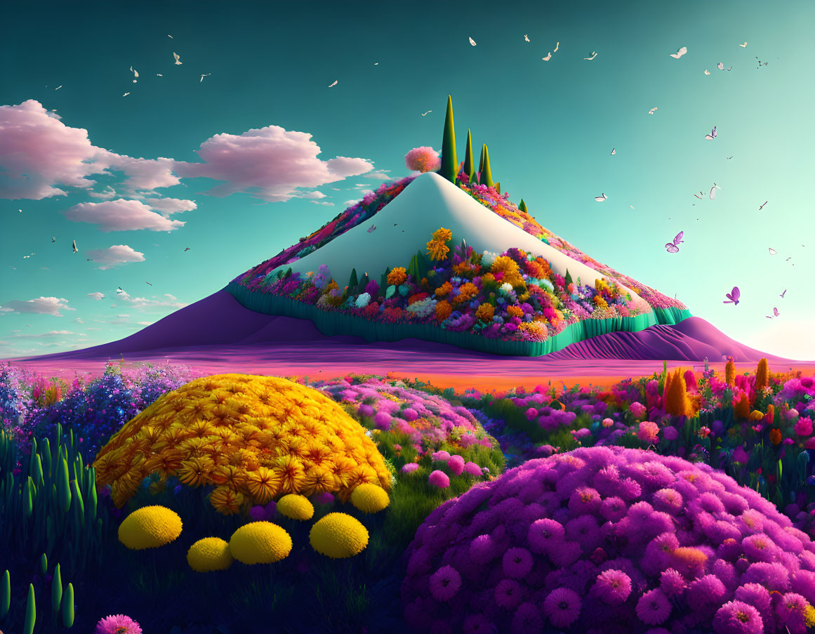 Colorful Flower-Covered Mountain in Vibrant Landscape
