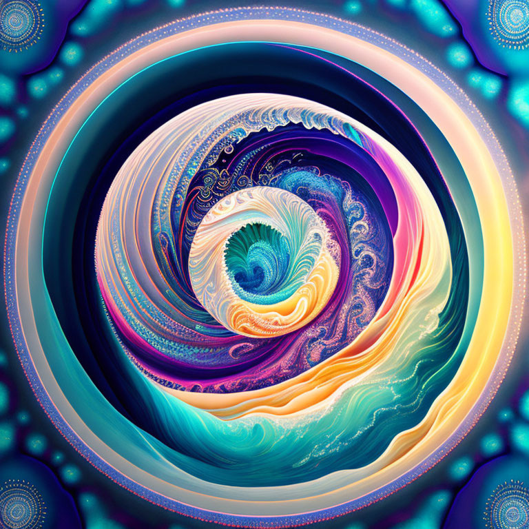 Colorful Digital Artwork: Swirling Fractal Shell Pattern in Blues, Purples, Or