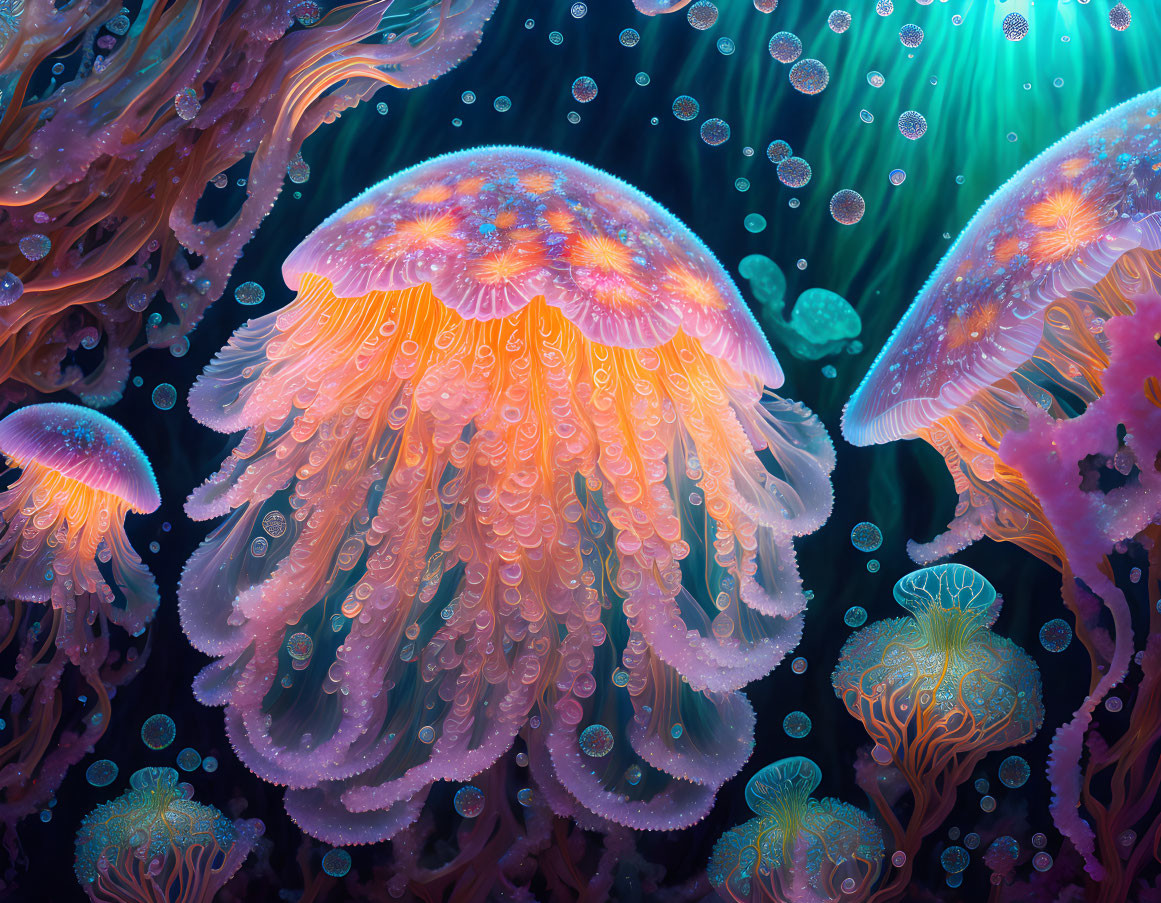 Colorful Glowing Jellyfish in Deep Blue Underwater Scene