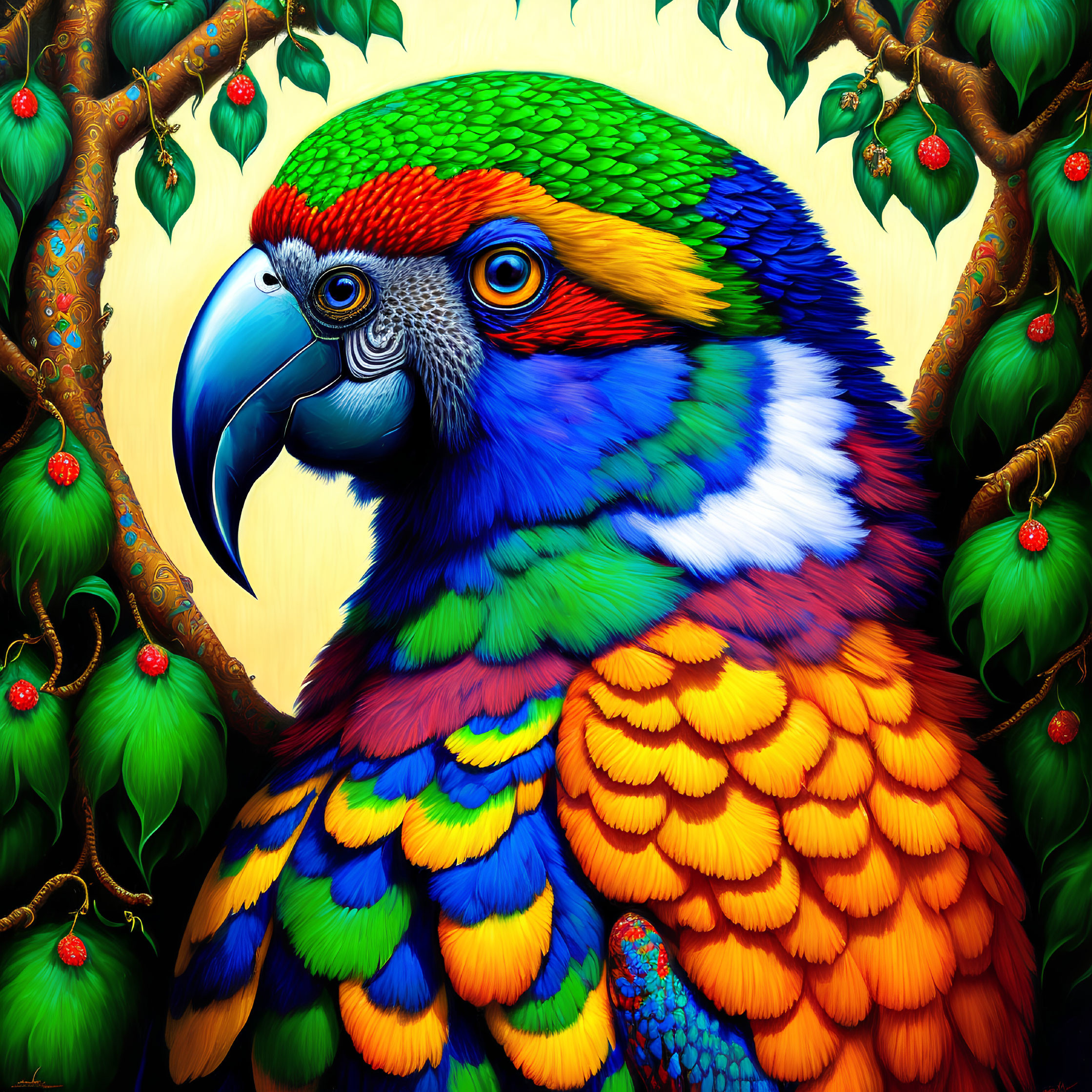 Colorful Parrot Illustration Among Green Foliage with Red Fruits