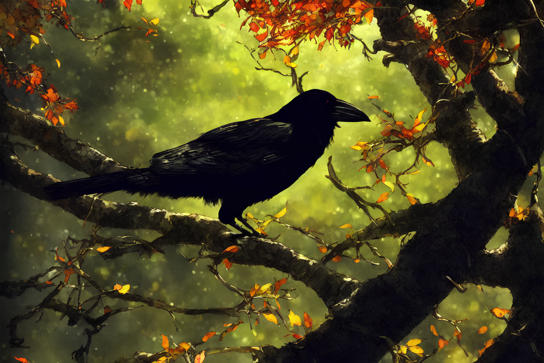 Black raven on twisted branch in autumn setting