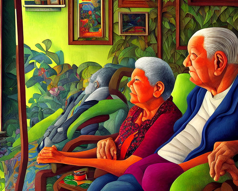 Elderly couple in vibrant room with green plants and cozy decor