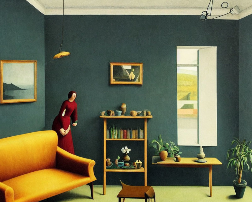 Stylized interior scene with woman in red dress, yellow couch, framed artwork, plants, and