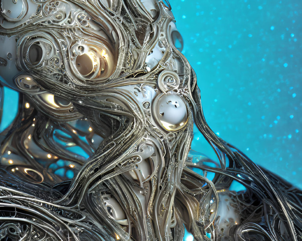 Detailed Metallic Sculpture with Patterns on Soft Blue Background
