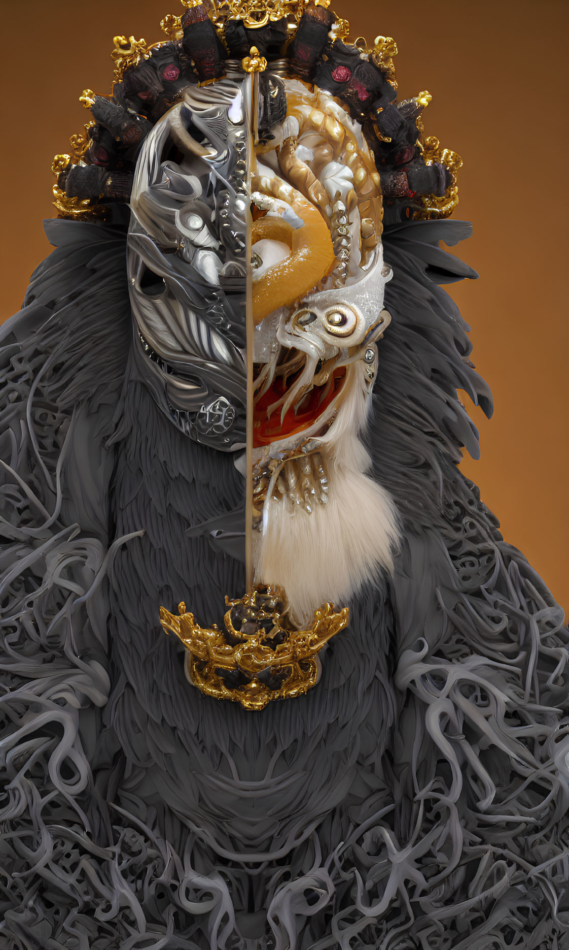 Surreal portrait featuring samurai helmet and ornate creature with silver mask