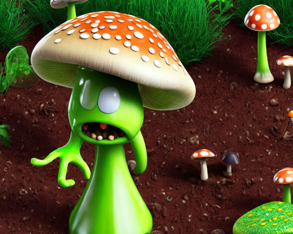 Green character with mushroom cap in lush grass scene