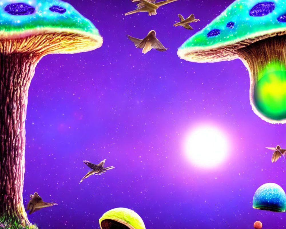 Fantasy landscape with glowing mushrooms, starry sky, birds, rocks, and sun