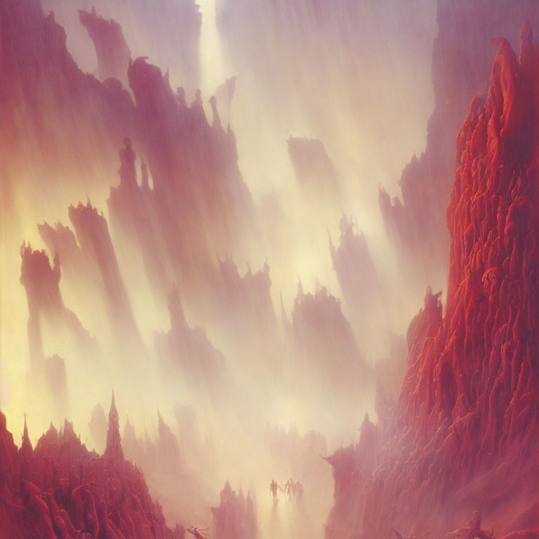 Mystical horseback journey through misty crimson landscape