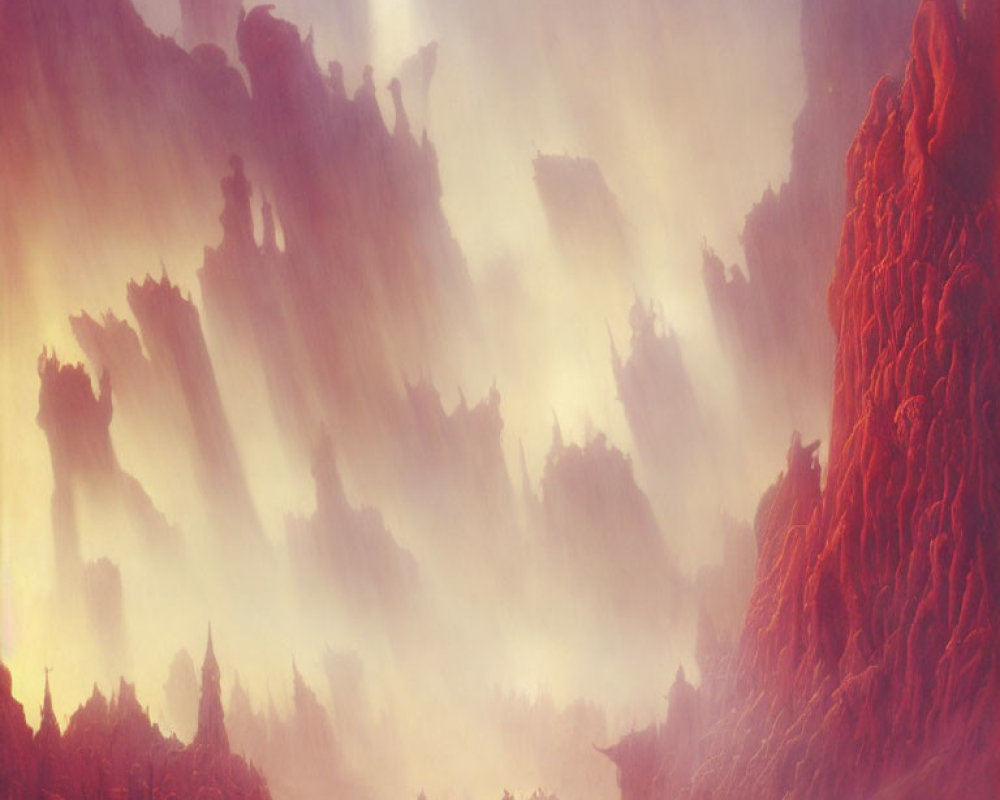 Mystical horseback journey through misty crimson landscape
