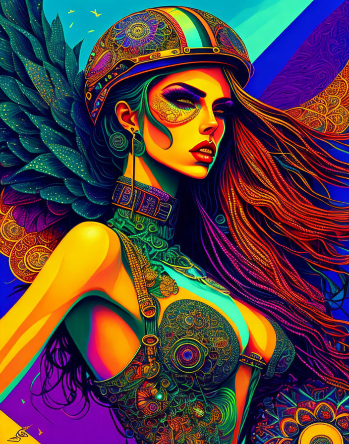 Colorful digital artwork: stylized woman with wings, helmet, and jewelry on psychedelic background.