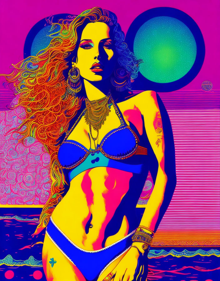 Colorful Pop Art Portrait of Woman with Flowing Hair and Jewelry on Psychedelic Background