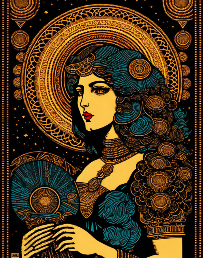 Woman with flowing hair and fan in Art Nouveau-inspired illustration.