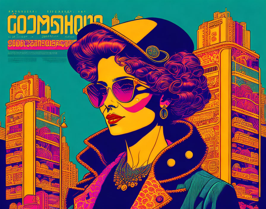 Retro-futuristic woman in sunglasses with vibrant colors and cityscape background