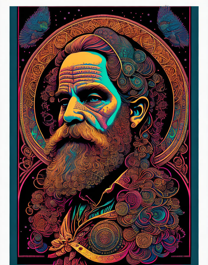 Colorful psychedelic portrait of bearded man with intricate patterns and peacock feathers.