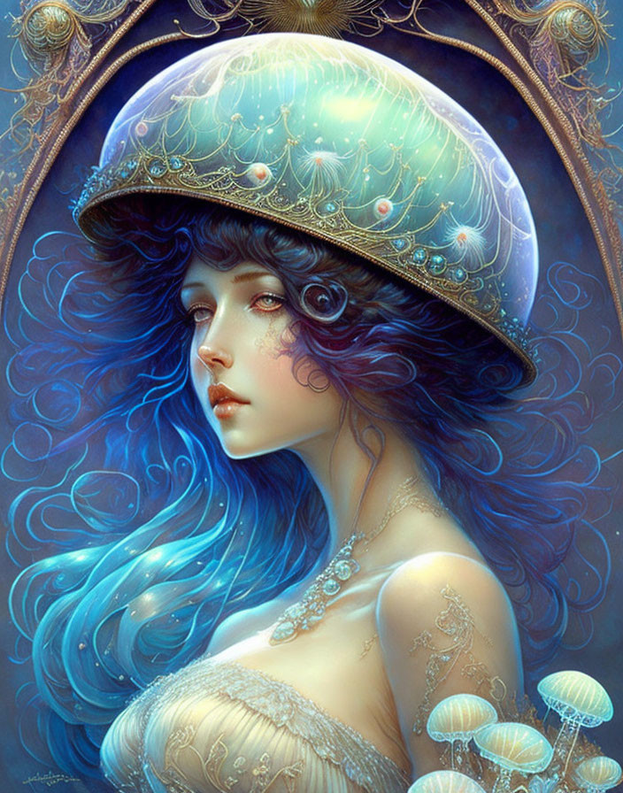 Fantastical illustration of woman with blue wavy hair and jellyfish-like hat on blue backdrop