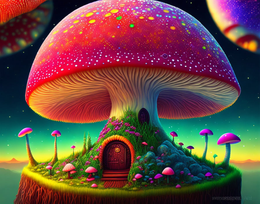 Fantasy mushroom house digital art with glowing spots on grassy knoll