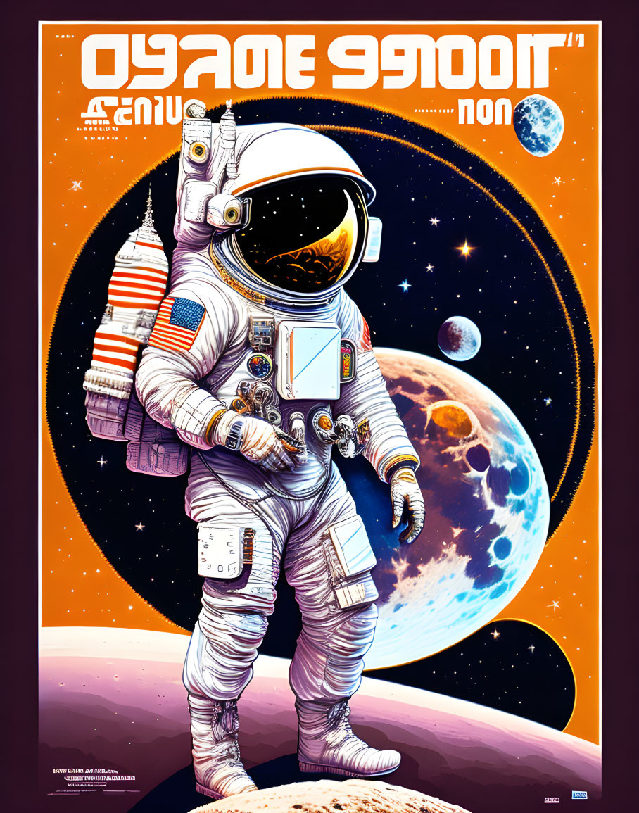 Astronaut with reflective helmet on foreign surface with rocket in vintage space poster.
